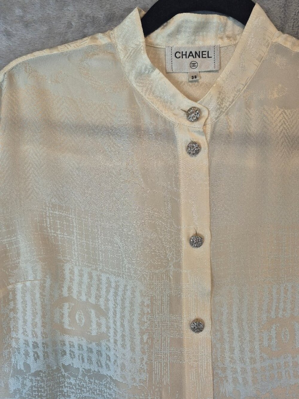 Vintage CHANEL Ivory Silk Jacquard CC Monogram Mandarin Collar Blouse - Size 38